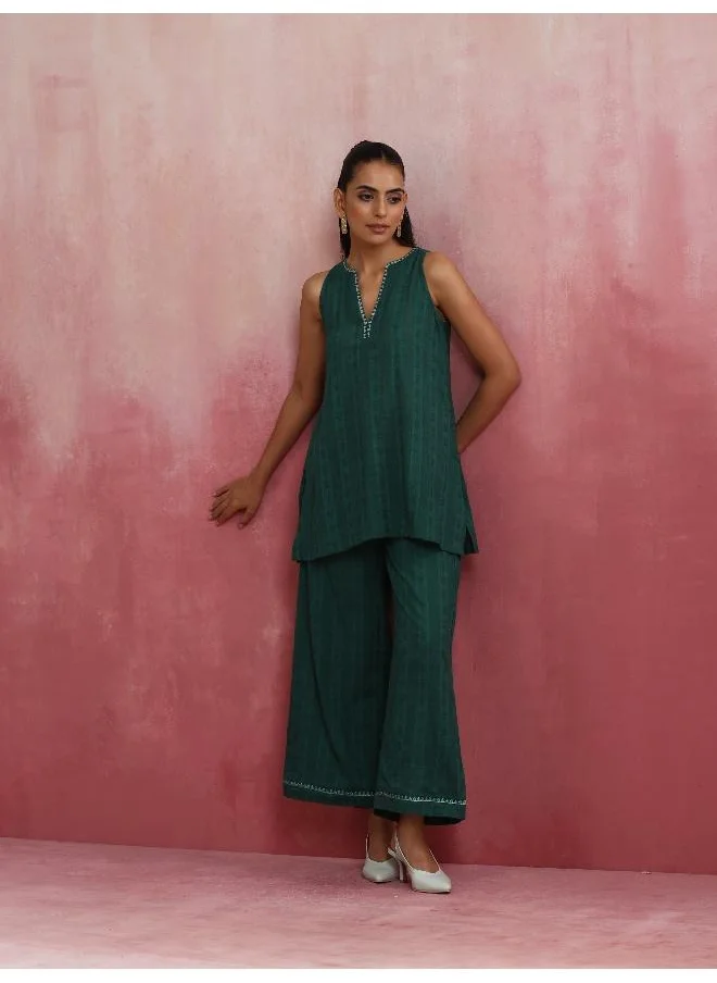 ترو برونز trueBrowns Dark Green Cotton Dobby Kurta Co-ord set