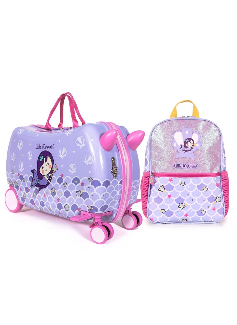Milk & Moo Kids Rideable Suitcase with Backpack Combo, 21L ABS Ride-on Luggage with Swivel Front Wheels, Foldable Footrest and Handles,Shoulder Pull Strap, School Bag with Multiple Compartments  - Image 1