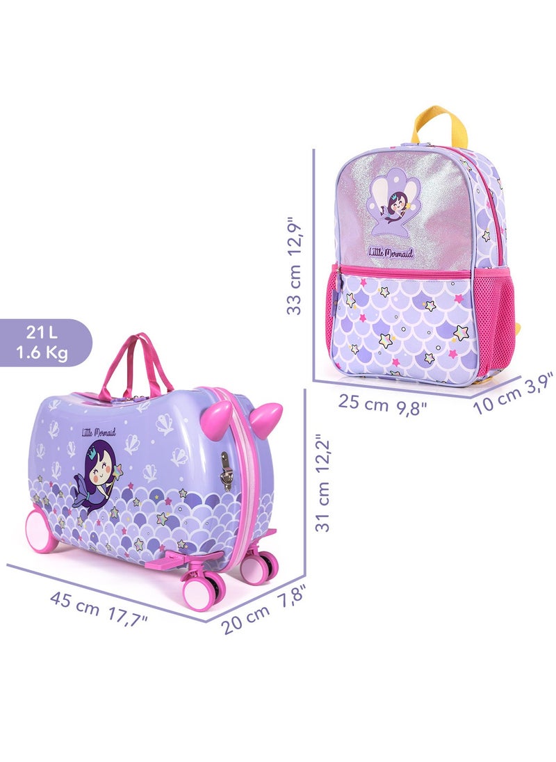 Milk & Moo Kids Rideable Suitcase with Backpack Combo, 21L ABS Ride-on Luggage with Swivel Front Wheels, Foldable Footrest and Handles,Shoulder Pull Strap, School Bag with Multiple Compartments  - Image 2