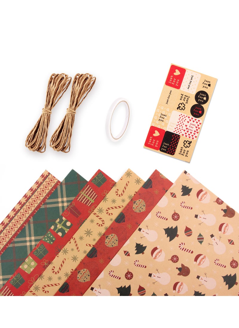 Generic Gift Wrapping Paper, 6 Roll Thickened Wrapping Kraft Paper, Flower & Stripes Wrapping Paper Roll with Kraft Rope and Stickers (19.5" X 27.5")  - Image 1