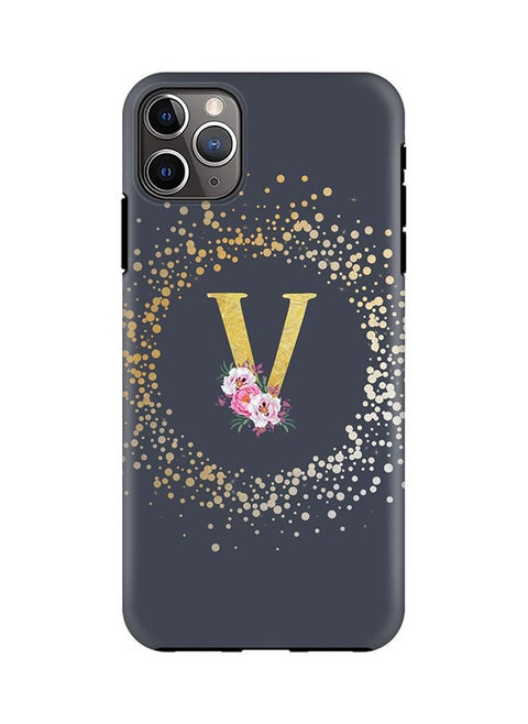 Monogram Tough Cover for Apple iPhone 11 Pro Max Case Custom Initials Letter Floral Pattern Tough Pro Dual Layer hybrid PC inner TPU protection Alphabet- V (Grey)