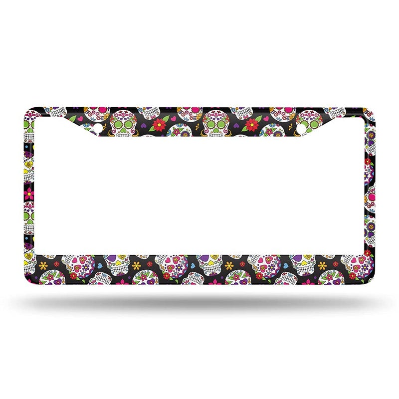 Beabes Day of The Dead License Plate Frame Auto Tag Frames Floral License Plates Holder 2 Holes Sugar Skull Gothic Halloween Decorative Car Truck Motorcycle License Plates Tag for Men Women - Image 2