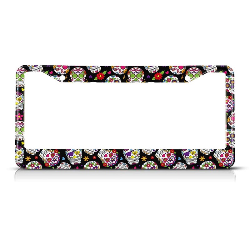 Beabes Day of The Dead License Plate Frame Auto Tag Frames Floral License Plates Holder 2 Holes Sugar Skull Gothic Halloween Decorative Car Truck Motorcycle License Plates Tag for Men Women - Image 1