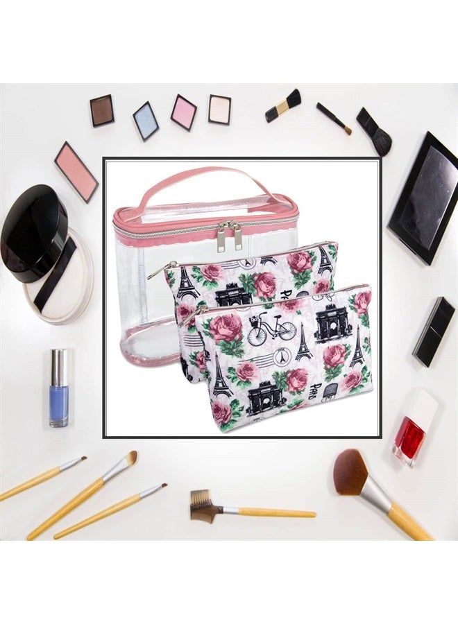 Emma & Chloe 3 Piece Toiletry Bag Set, Waterproof Home or Travel Cosmetic Train Case Makeup Bags for Women with Handle and Zipper (Retour à Paris) - Image 3