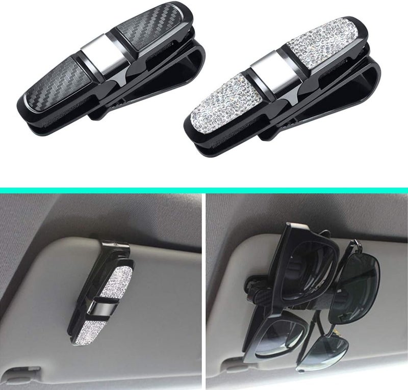 FineGood 2 Pack Glasses Holders for Car Sun Visor, Glasses Holder Clip with Rhinestones Crystal Fashion Biling Sunglass Eyeglass Mount Hanger-Sliver & Balck - Image 3