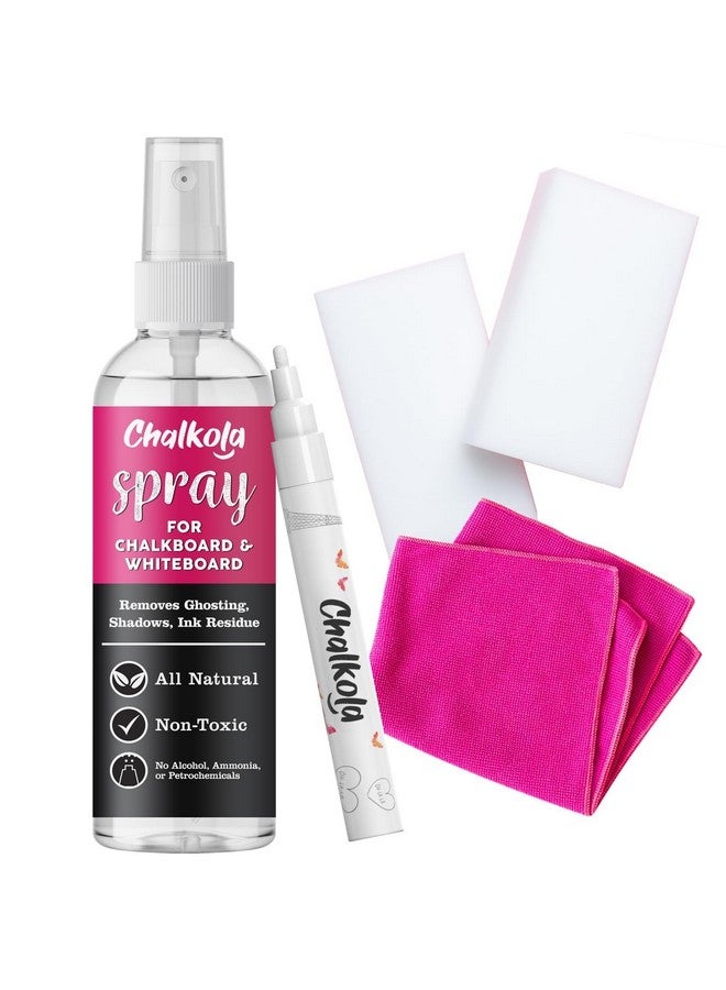 Chalkola Natural Chalkboard Cleaner Spray & Eraser Kit For Liquid Chalk Markers - Suitable For Whiteboard, Blackboard And Dry Erase Boards - Comes With White Chalk Pen  - Image 1
