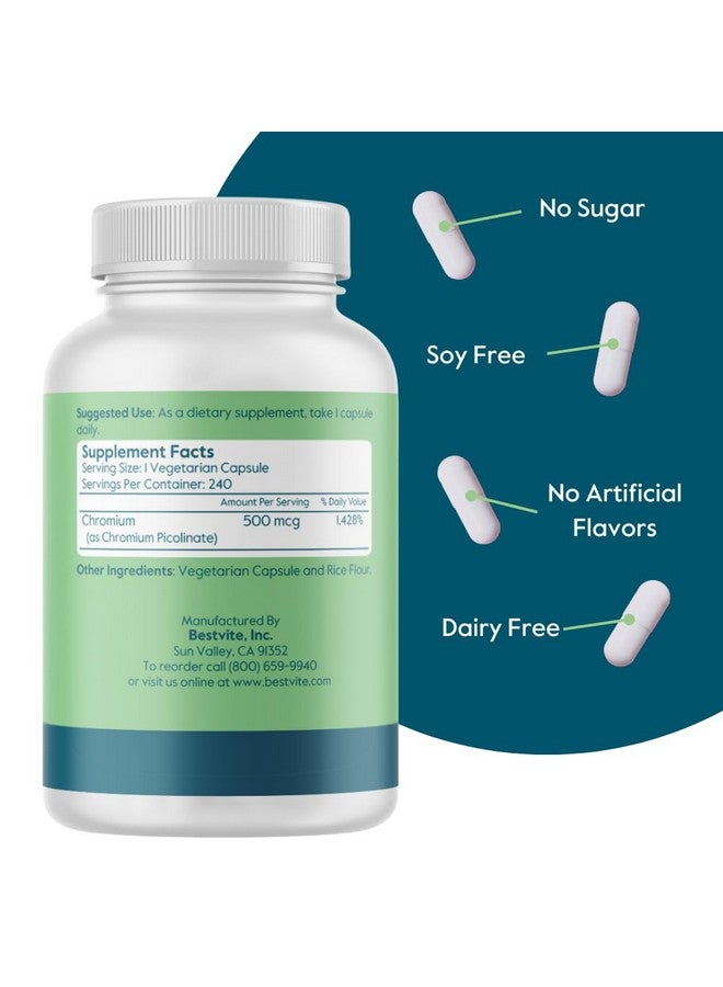 BESTVITE BESTVITE Chromium Picolinate 500mcg (240 Vegetarian Capsules) - No Stearates - No Dicalcium Phosphate - Vegan - Gluten Free - Non-GMO - Image 2