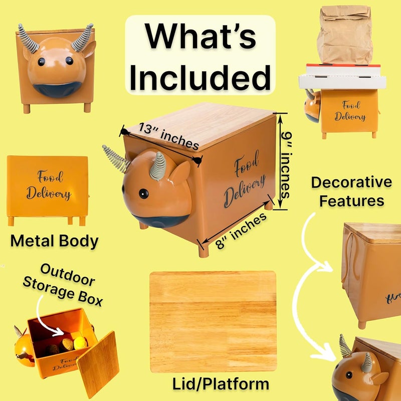Made Easy Kit Elevated “Food Delivery” Drop Box – with Signage for Driver Clarity – Metal and Wood Stand for Takeout Orders – As Seen on the News – Outdoor Door & Porch Decor with Storage (Cow) - Image 4