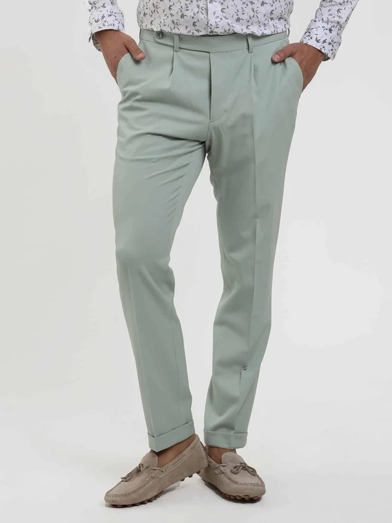 Dufy Green Men's Slim Fit Straight Pleated Trousers - 104462