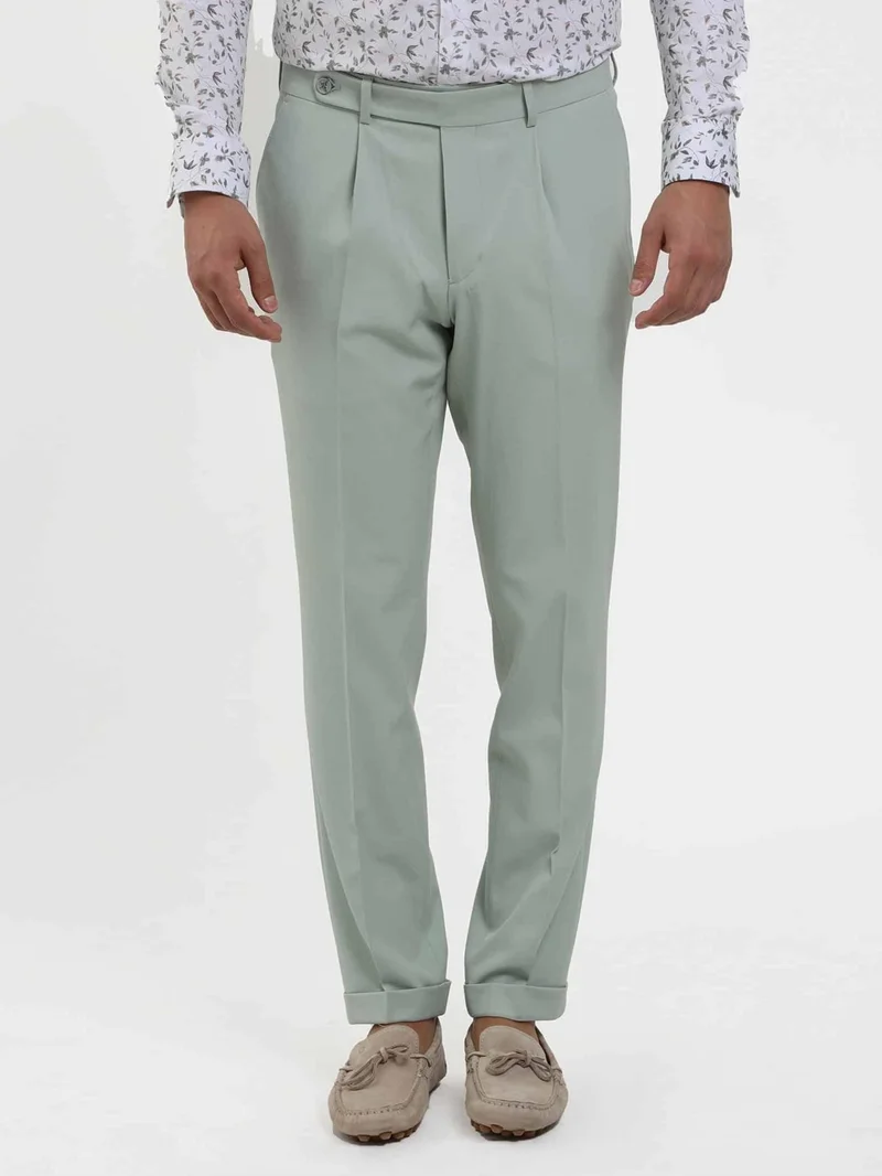 Dufy Green Men's Slim Fit Straight Pleated Trousers - 104462
