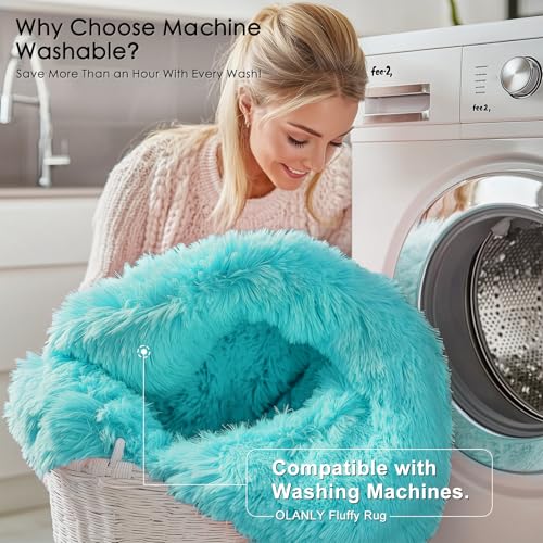 OLANLY Teal Blue Round Rugs for Bedroom Machine Washable 4 ft Circle Area Rugs for Living Room Soft and Fluffy Shaggy Carpet for Teen Girls and Boys Nursery Rooms Dorms Home Decor Aesthetic - Image 3