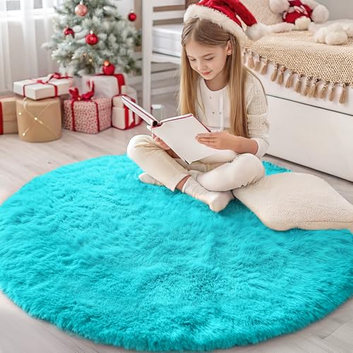 OLANLY Teal Blue Round Rugs for Bedroom Machine Washable 4 ft Circle Area Rugs for Living Room Soft and Fluffy Shaggy Carpet for Teen Girls and Boys Nursery Rooms Dorms Home Decor Aesthetic - Image 1