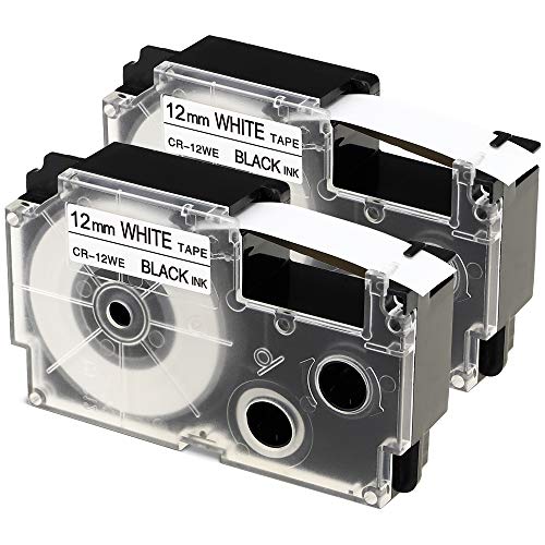 Aonomi Compatible Label Tape Replacement for Casio XR-12WE 1/2 Inch for Use with Casio KL-120 KL-60 KL7200 KL-100 KL7000 KL-750B Label Makers and More, Black on White, 1/2 (12mm) x 26.2 (8m), 2-Pack - Image 1