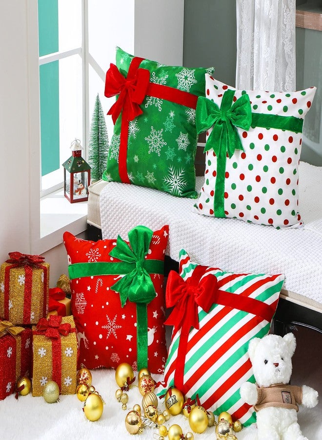 Kingdder أغطية وسائد كينغدر لعيد الميلاد 18 × 18 بوصة مجموعة من 4 حالات وسائد عيد الميلاد بتصميم صندوق هدايا باللون الأحمر والأخضر والأبيض مع زخرفة ثلجية وقوس لتزيين الأريكة في العطلات - Image 4