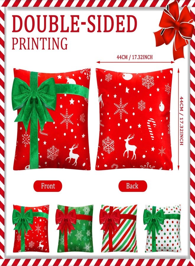Kingdder أغطية وسائد كينغدر لعيد الميلاد 18 × 18 بوصة مجموعة من 4 حالات وسائد عيد الميلاد بتصميم صندوق هدايا باللون الأحمر والأخضر والأبيض مع زخرفة ثلجية وقوس لتزيين الأريكة في العطلات - Image 2