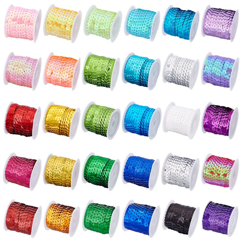 PH PandaHall 30 Color Flat Sequin Strip 6mm Spangle Flat Sequins Paillette Trim String Sequins Ribbon Metallic Shiny Trim Sewing String for Mermaid Costume Crafts Embellishments 150 Yards - Image 2