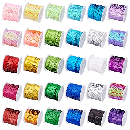 PH PandaHall 30 Color Flat Sequin Strip 6mm Spangle Flat Sequins Paillette Trim String Sequins Ribbon Metallic Shiny Trim Sewing String for Mermaid Costume Crafts Embellishments 150 Yards - Image 1