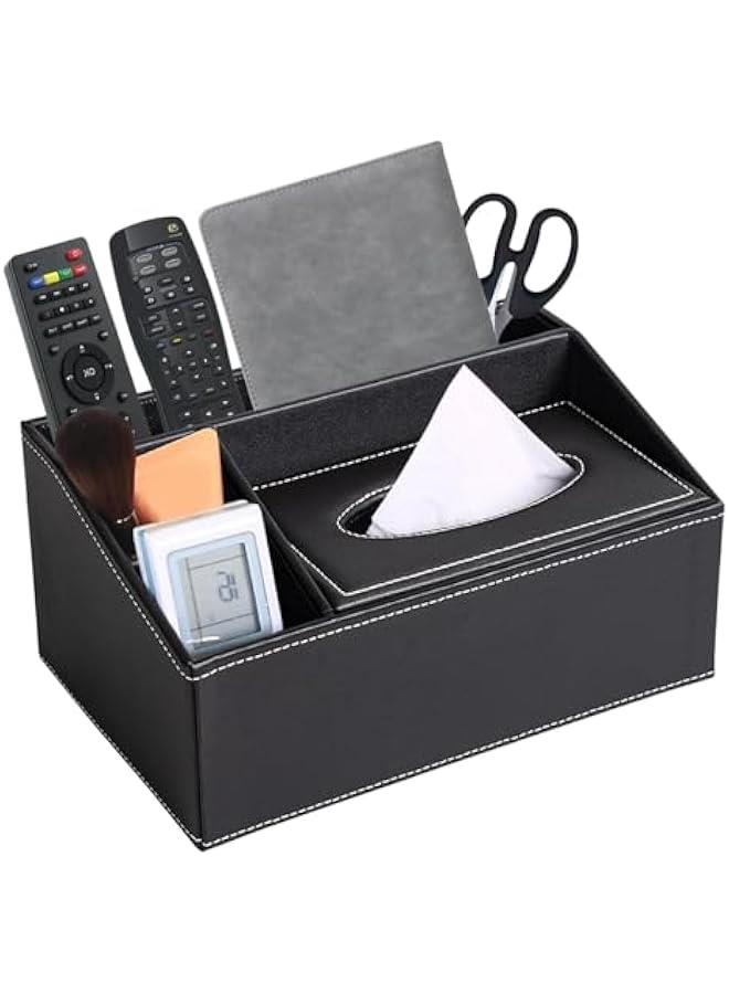 HOOKOR Tv Remote Holder with 4 Compartments of Pu Leather,Tissue Box Cover Rectangle,Bedside Organizer for Tv Remote,Media Player,Paintbrushes,pens and Office Supplies,Black - Image 1
