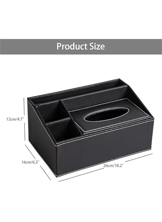 HOOKOR Tv Remote Holder with 4 Compartments of Pu Leather,Tissue Box Cover Rectangle,Bedside Organizer for Tv Remote,Media Player,Paintbrushes,pens and Office Supplies,Black - Image 2