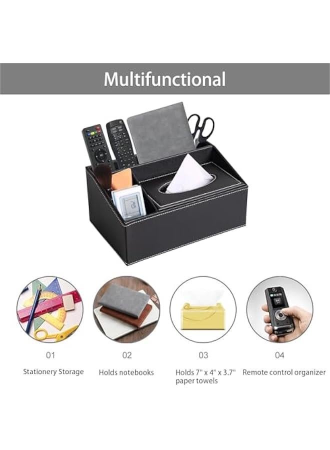 HOOKOR Tv Remote Holder with 4 Compartments of Pu Leather,Tissue Box Cover Rectangle,Bedside Organizer for Tv Remote,Media Player,Paintbrushes,pens and Office Supplies,Black - Image 4