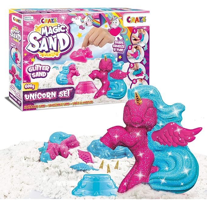CRAZE Magic Sand Unicorn Set, Kinetic Sand with Glitter, 600 g, Children's Craft Set with Kneading Sand & Unicorn Shapes, Tri-Colour Unicorn Magic Sand