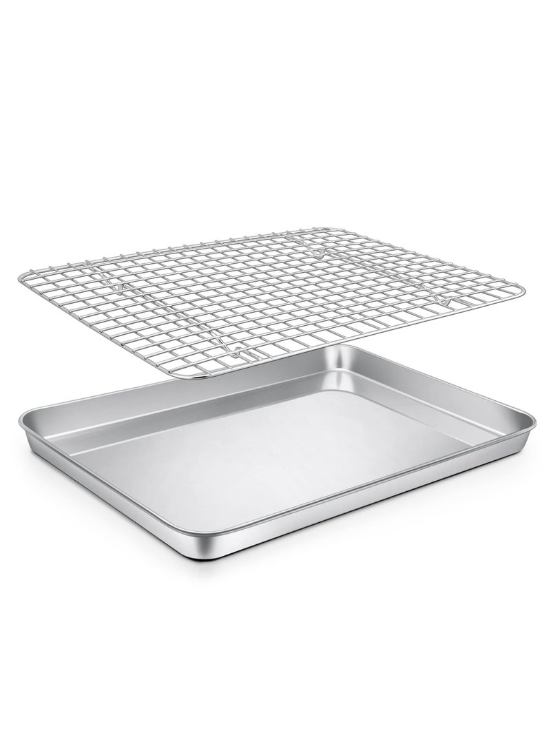 P&P CHEF PP CHEF Toaster Oven Pan with Rack Set Stainless Steel Baking Pan Tray and Grid Cooling Rack for CookingRoasting Dishwasher Safe  Easy to Clean Nontoxic  Sturdy 125 Inch 2Pcs 