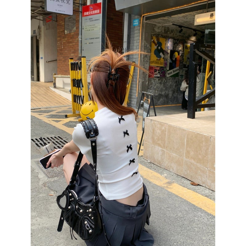 Pure Desire Style Sweet And Top Design Diamond Bow Half-High Collar T-Shirt 2024 Summer Women'S Black Base - Image 4