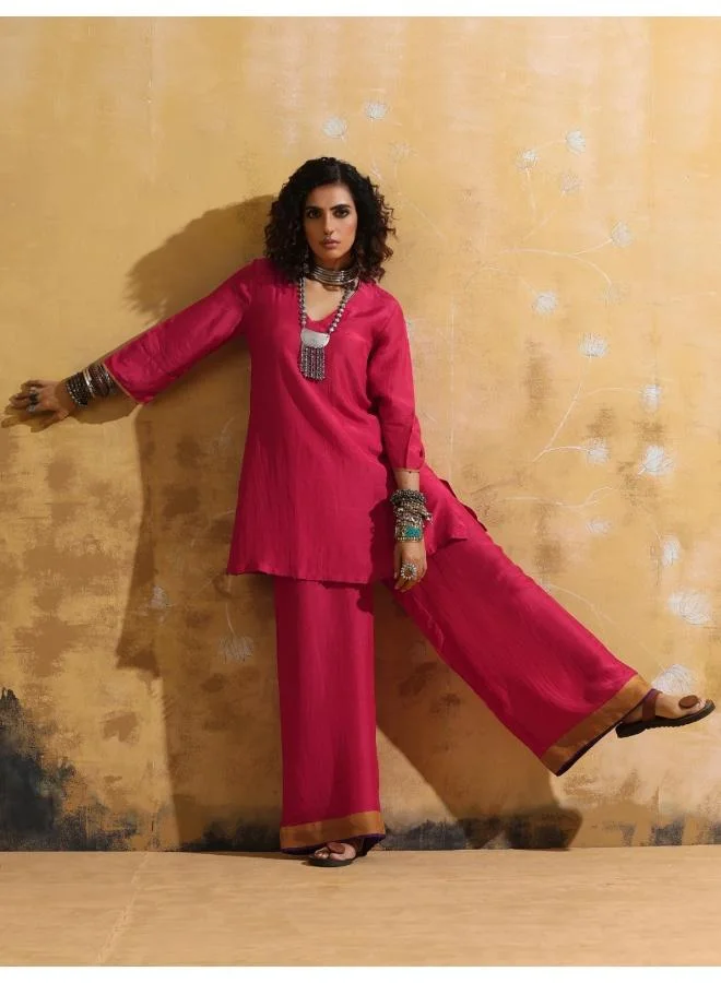 trueBrowns trueBrowns Pink Muslin Silk Co-ord Set with Flared Pants