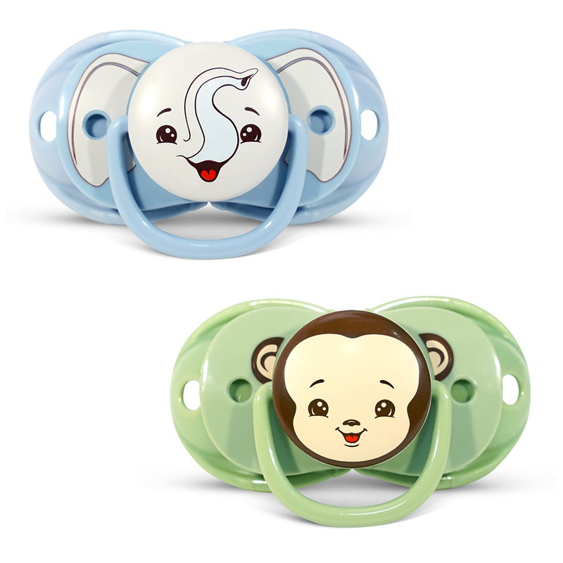 RaZbaby Keep-it-kleen Baby Pacifier (2PK) | 0-36m | Closes When Dropped, Nipple Stays Clean | Silicone Orthodontic Nipple (Monkey/Elephant) - Image 1