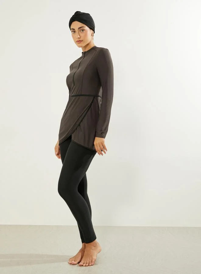 Styli Brown Pack of 3 - Solid Zip-Up Contrast Edge Wrap Tunic with Cap and Leggings Burkini Set for Women | Best Price UAE