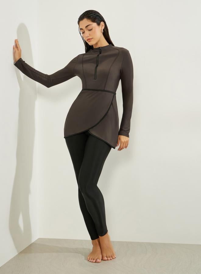 Styli Pack of 3 - Solid Zip-Up Contrast Edge Wrap Tunic with Cap and Leggings Burkini Set - Image 3