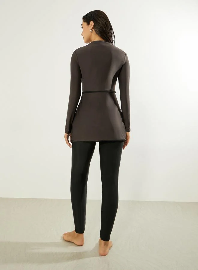 Styli Brown Pack of 3 - Solid Zip-Up Contrast Edge Wrap Tunic with Cap and Leggings Burkini Set for Women | Best Price UAE