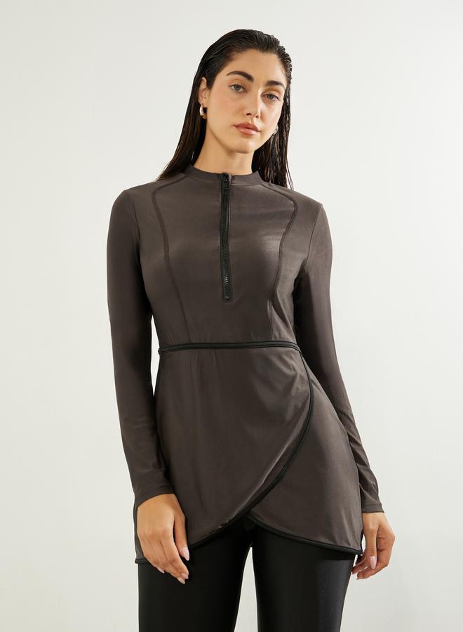 Styli Pack of 3 - Solid Zip-Up Contrast Edge Wrap Tunic with Cap and Leggings Burkini Set - Image 2