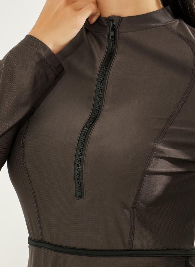 Styli Pack of 3 - Solid Zip-Up Contrast Edge Wrap Tunic with Cap and Leggings Burkini Set - Image 4