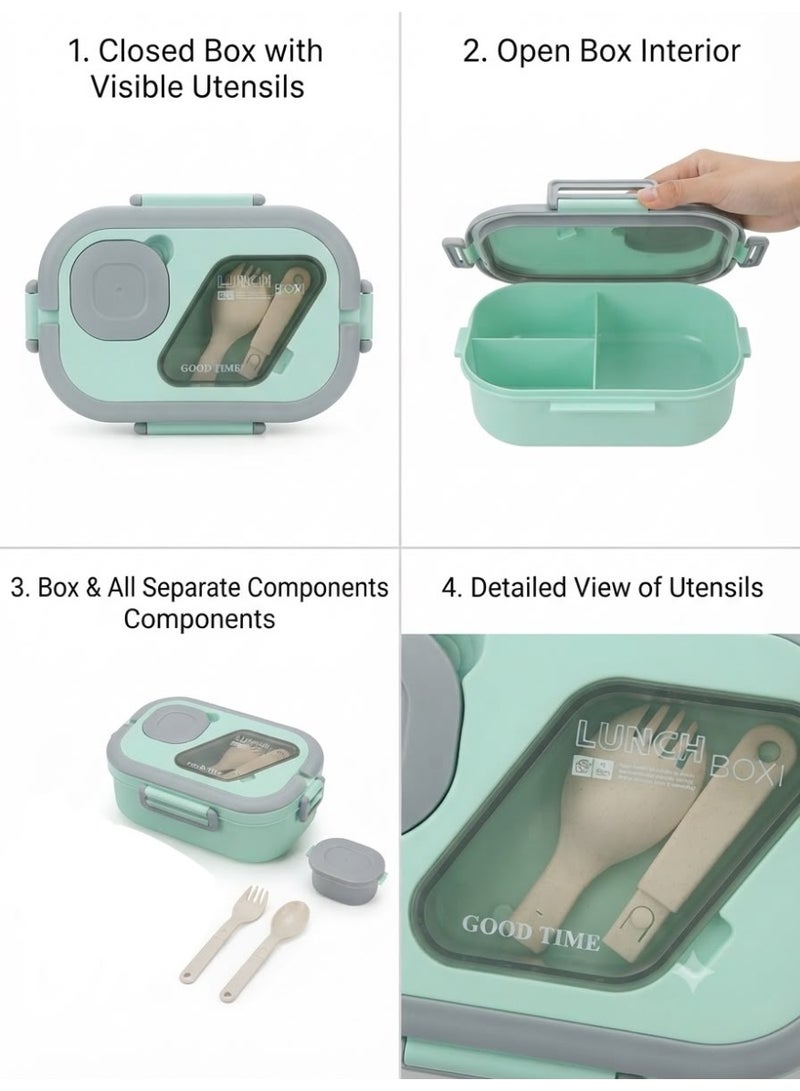 Green 3-compartment lunch box for girls; leak-proof, includes a fork and a sauce container. - Image 2