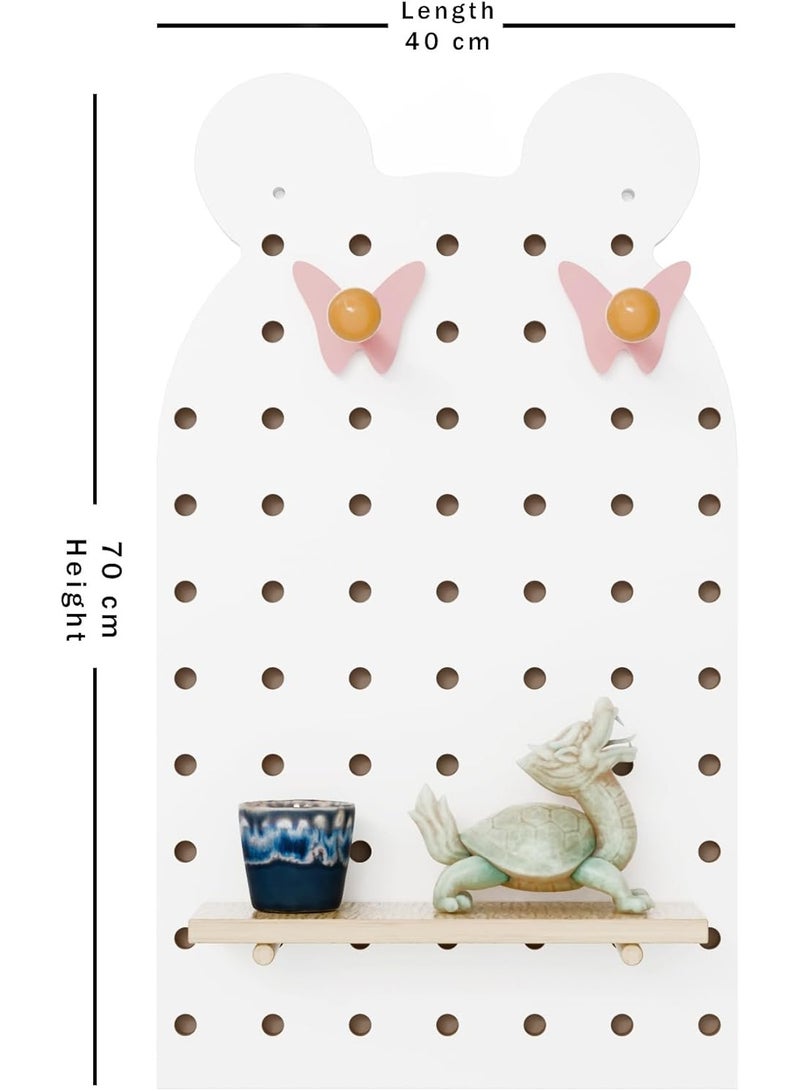 Bear Pegboard Wall Organiser 70×40 cm MDF Wood Decorative Wall Storage & Display Board for Home, Office, Kids Room Multi-Purpose Mini Wall Shelf & Hooks - Image 2