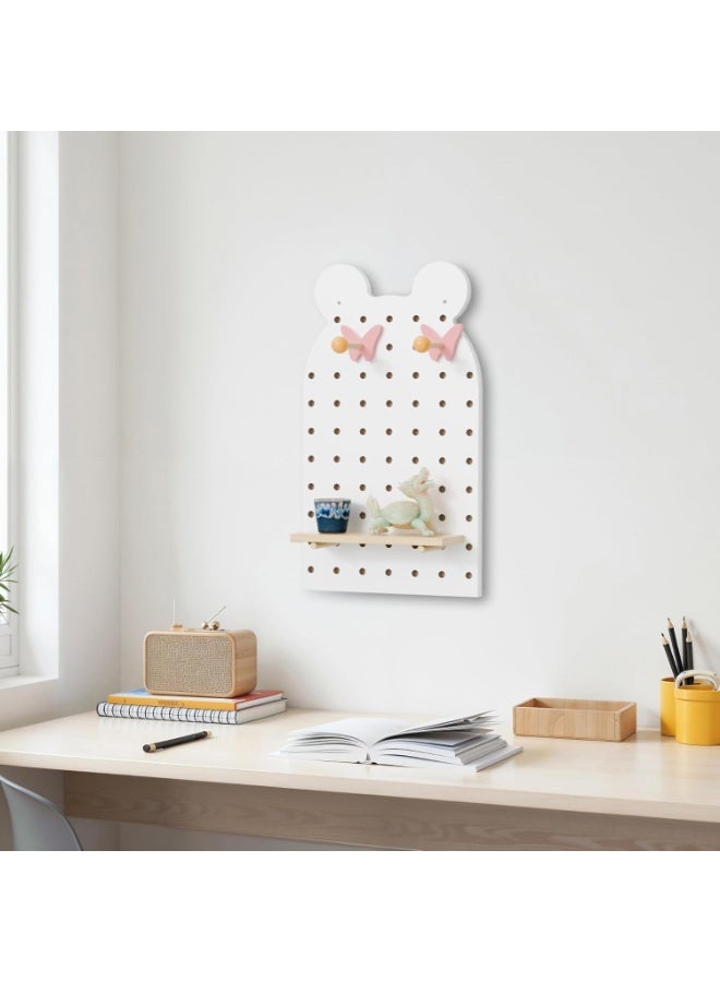 Bear Pegboard Wall Organiser 70×40 cm MDF Wood Decorative Wall Storage & Display Board for Home, Office, Kids Room Multi-Purpose Mini Wall Shelf & Hooks - Image 1