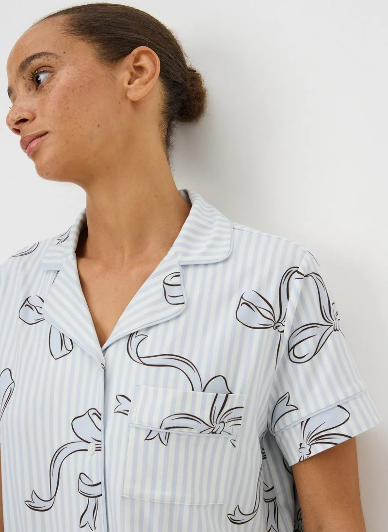 ماتلان Blue Stripe Bow Button Up Short Pyjama Set