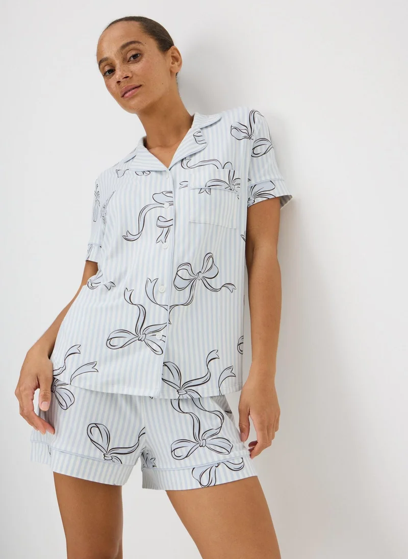 ماتلان Blue Stripe Bow Button Up Short Pyjama Set