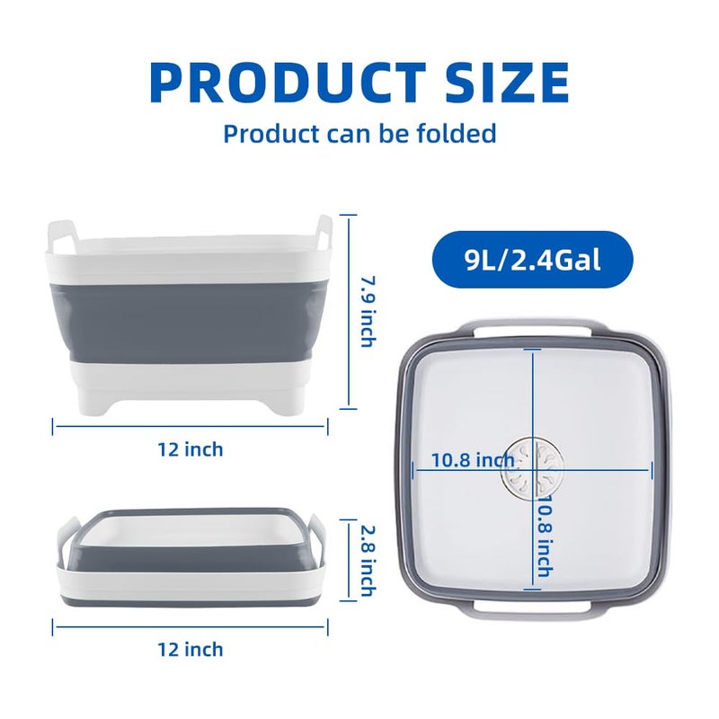 THANSTAR Collapsible Wash Basin, 9L/2.4Gal Foldable Sink with Drain Plug, 2-in-1 Dish Drying Rack & Storage Bucket, Portable Washing Bin for Kitchen/Camping/RV, BPA Free PP, Space-Saving Design, Gray - Image 3