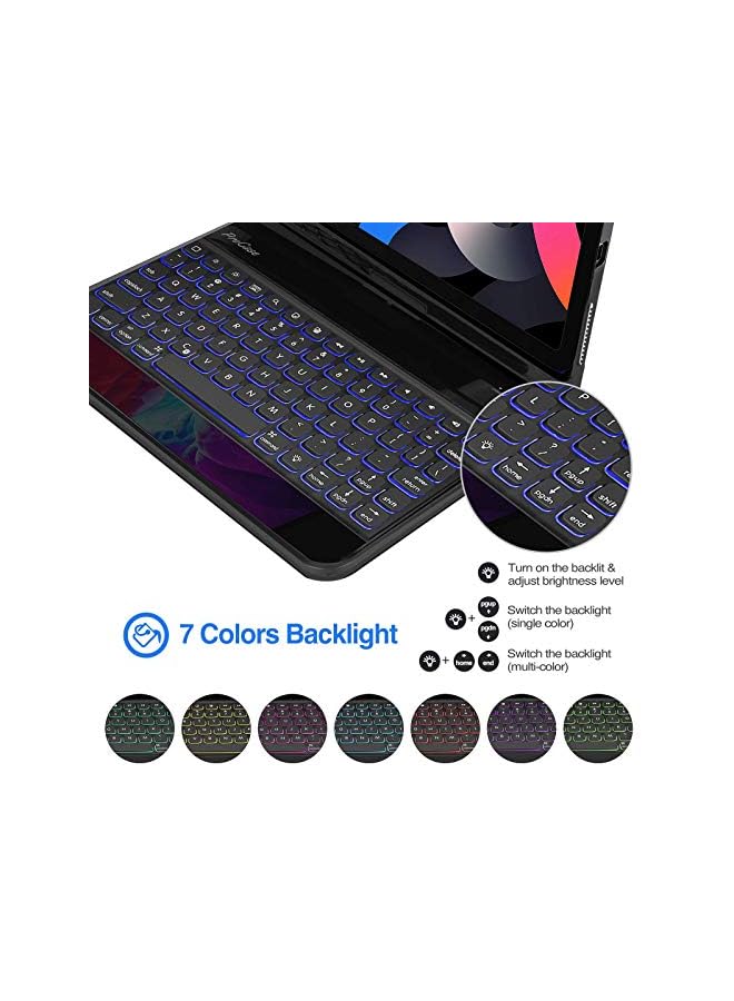 Procases حافظة لوحة مفاتيح لجهاز ايباد اير 5th 2022/ اير 4th10.9" 2020/ ايباد برو 11" 2022 2021 2020 2018، لوحة مفاتيح لاسلكية مع إضاءة خلفية بـ 7 ألوان، غطاء حماية يدور 360 درجة، وضع السكون/الاستيقاظ التلقائي - أسود - Image 2