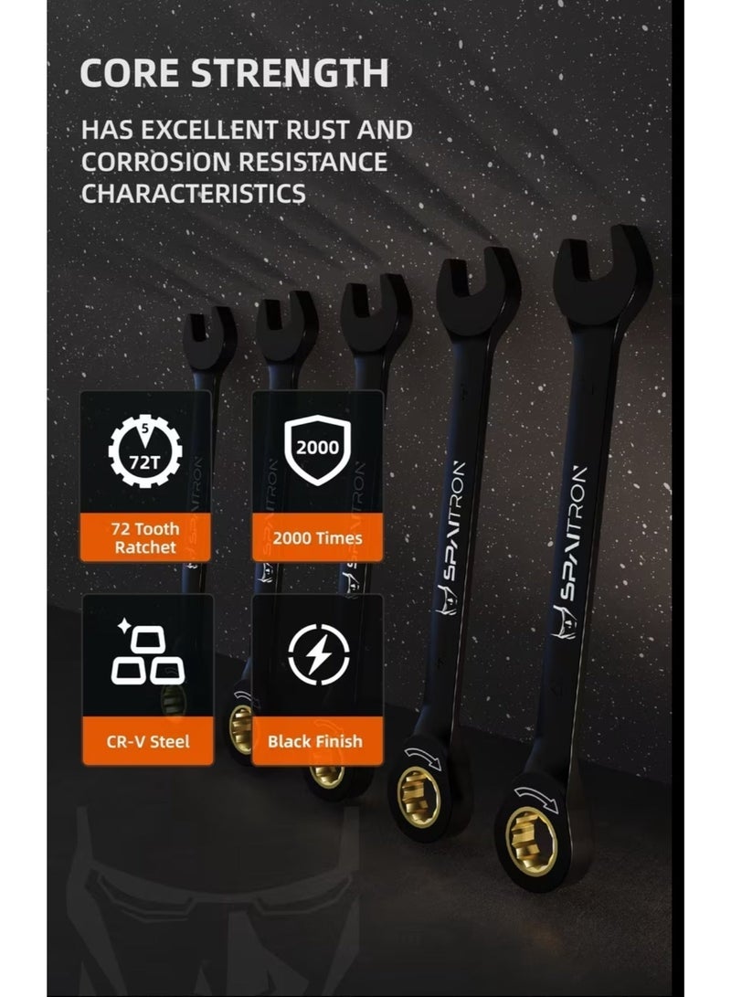 SPAITRON 12 pcs Ratchet Wrench Spanner Set, 8-19mm Metric, 72-Teeth, Cr-V Black Matte, Heavy Duty, Plastic Rack, Auto Car Home Repair Hand Tools, Ideal Gift。 - Image 3