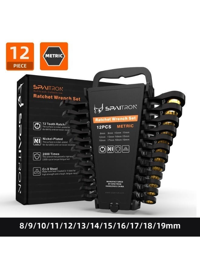 SPAITRON 12 pcs Ratchet Wrench Spanner Set, 8-19mm Metric, 72-Teeth, Cr-V Black Matte, Heavy Duty, Plastic Rack, Auto Car Home Repair Hand Tools, Ideal Gift。 - Image 1