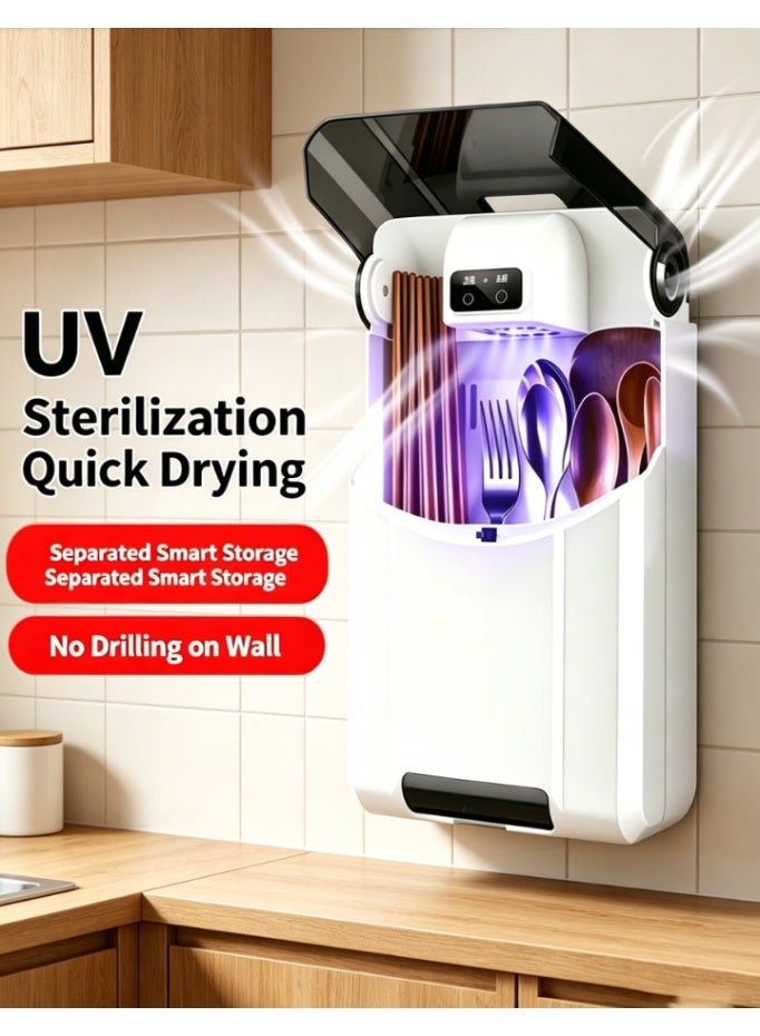 CityRiya-Long UV Sterilizing Utensil Holder, Wall-Mounted No-Drill Kitchen Cutlery Dryer with Quick Drying Function, Dustproof Chopstick Spoon Fork Storage Box for Home & Kitchen - Image 1