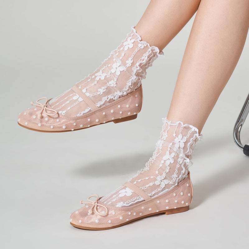 Trary Mesh Nude Flats for Women Round Toe Ballet Flats with Pearls Mary Jane Shoes Women with Bowknot and Elastic Strap, Comfortable Dress Shoes for Wedding Party Casual Wear, Size 8 - Image 3