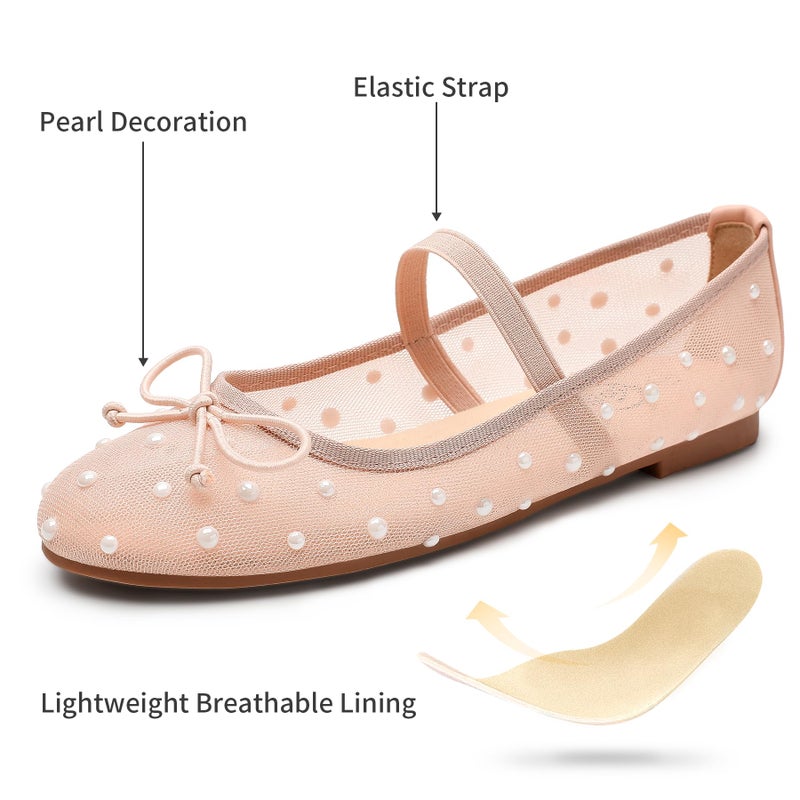 Trary Mesh Nude Flats for Women Round Toe Ballet Flats with Pearls Mary Jane Shoes Women with Bowknot and Elastic Strap, Comfortable Dress Shoes for Wedding Party Casual Wear, Size 8 - Image 5
