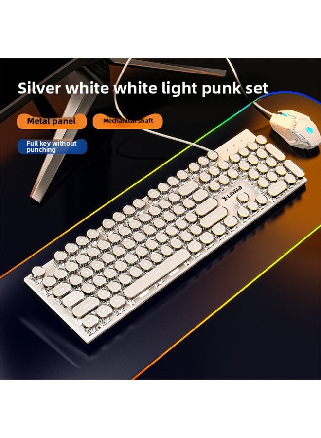 E104 Mechanical Keyboard Wired Mouse Suit Retro Green Axis Computer Special Wireless Bluetooth For E-sports Games-Color:Blue Axis [crisp Feel] - White Punk Upgraded Version [white Light] + Mouse - Official Standard  - Image 1