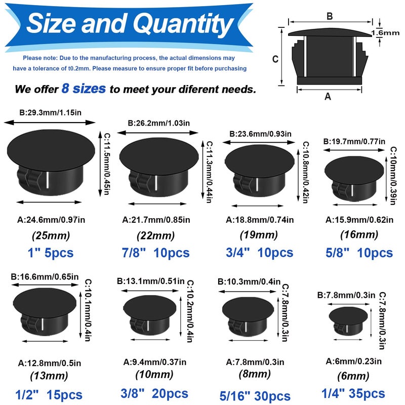 Tnisesm 135Pcs 8 Sizes Nylon Plastic Hole Plugs Black 1/4" 5/16" 3/8" 1/2" 5/8" 3/4" 7/8" 1" Round Drill Hole, Furniture Cabinet Insert End Caps Industrial Hardware Biscuits & Plugs - Image 2
