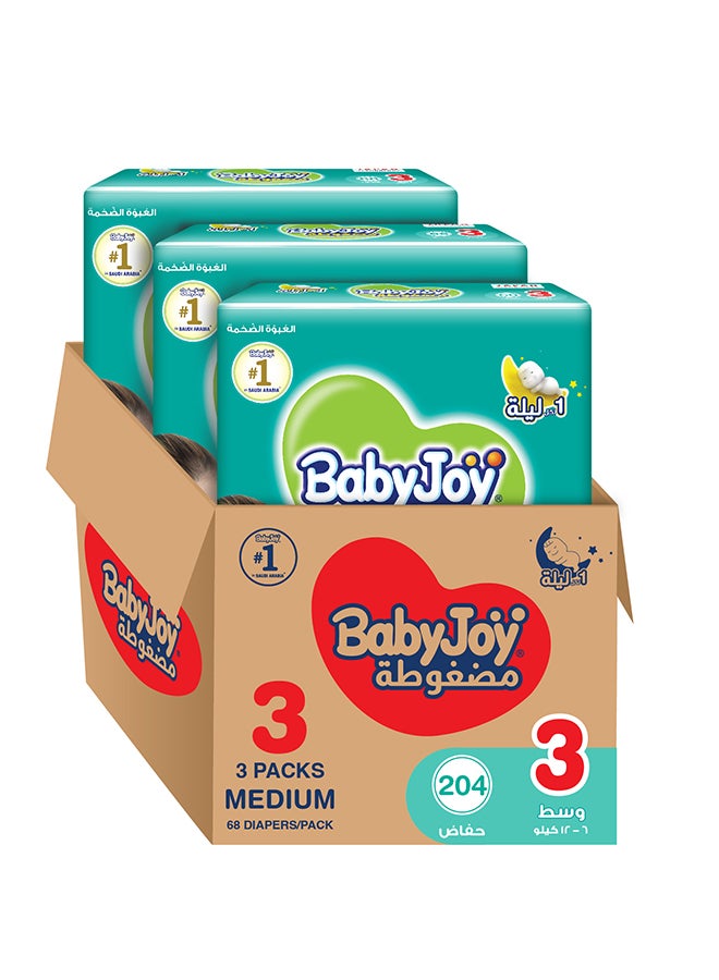 BabyJoy Compressed Diamond Pad Diaper, Size 3, Medium, 6-12 Kg, Mega Box, 204 Diapers - Image 1