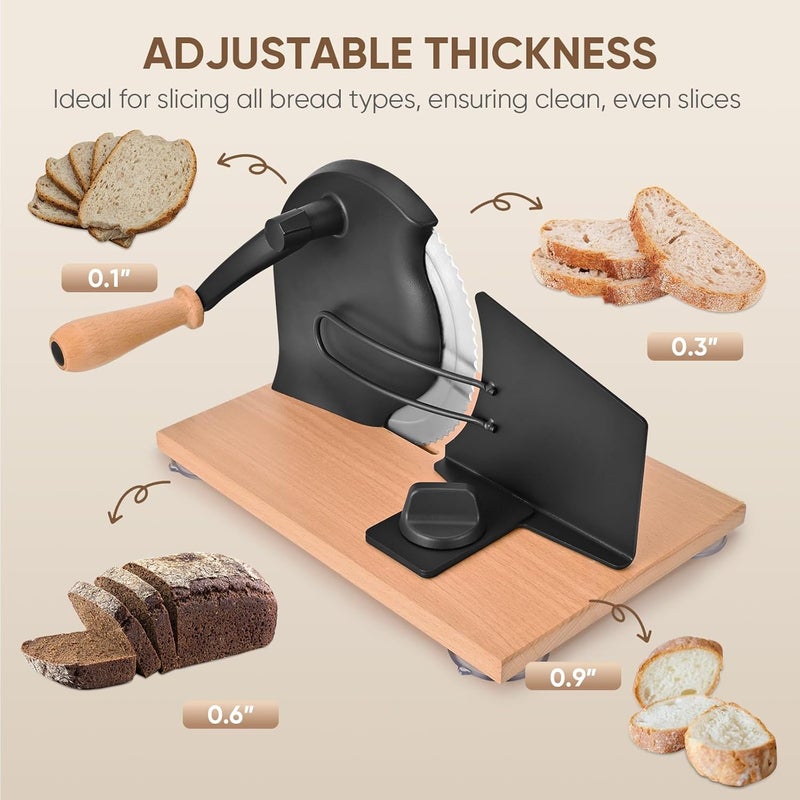 SOWKIPE Manual Bread Slicer with Hand Crank, Classic Home Bread Slicer for Homemade Sourdough, Rotary Slicer with Adjustable Thickness, Premium Stainless Steel & Powerful Suction Cups (Black) - Image 2